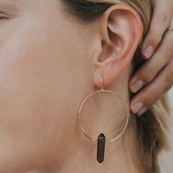 Hand Crafted Jewelry - NEW Raw Smoky Quartz (30mm) Drop Hoop Earrings